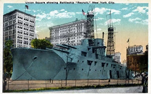 Recruit Collection: Union Square showing the Battleship Recruit, New York, USA