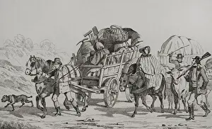 Belongings Prints: United States. Emigrants on carts heading out West - Vernier