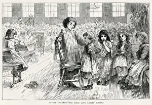 Unkempt girls receiving punishment from another older pupil at Field Lane Ragged School