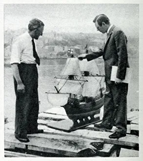 Founding Prints: Upham and Charlton inspect a scale model of the Mayflower II