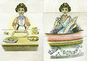 Pastry Prints: Upstairs Downstairs, cook in kitchen, lady at the opera
