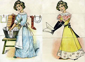 Upstairs Prints: Upstairs Downstairs, maid doing laundry, lady singing