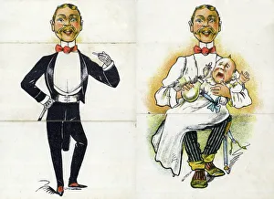 Bowtie Prints: Upstairs Downstairs, man in evening dress, man with baby