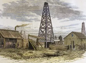 Drill Prints: USA. 19th century. Oil well in the Oil-Creek Valley. Colored