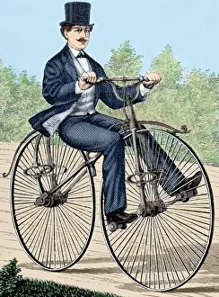 Mustache Prints: USA. Old bicycle. 19th century engraving. Colored