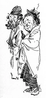 Vagrant couple on Satutday night - drawing by Phil May