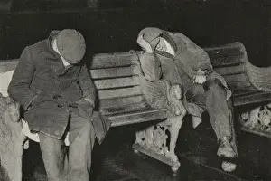 Uncomfortable Prints: Vagrants asleep on bench on Thames Embankment, London