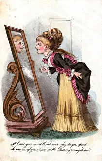 Vain woman at a mirror on a comic greetings card