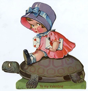 Images Dated 21st March 2012: Valentines Day card - little girl on tortoise