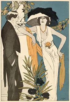 Images Dated 8th April 2021: Vampish femme fatale in a sleeveless, decollete gown worn with a shawl, floral corsage