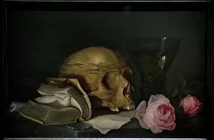 Flemish Gallery: A Vanitas Still Life with a Skull, a Book and Roses, c