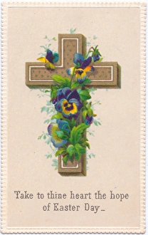 Pansies Gallery: Variegated pansies and a cross on an Easter card