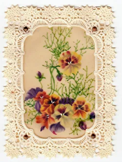 Plastic Collection: Variegated pansies on a lacy-edged greetings card
