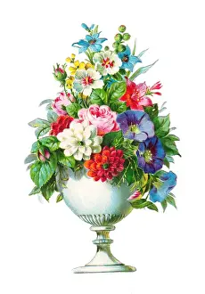 Vase of assorted flowers on a Victorian scrap