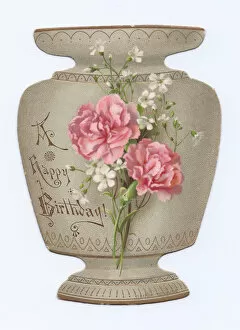 Images Dated 3rd December 2015: Vase decorated with flowers on a cutout birthday card