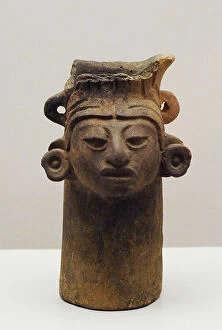 Ethnography Collection: Vase decorated with human head. Ceramics, Zapotec culture