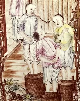 Vase depicting men packing tea (1348-1644). Detail