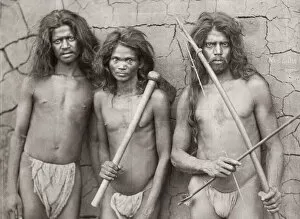 Veddah men with bow and arrow, axe, Ceylon, Sri Lanka