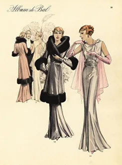Ball Gown Prints: Velvet evening redingote and Marocain frock, 1935