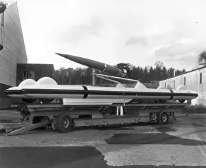 Weybridge Prints: Vickers(ja) Green Lizard missile on a rail trolley at Weybrid