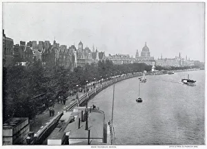 Victoria Embankment, view from Waterloo Bridge, St. Pauls Cathedral in the horizon. Date: 1896