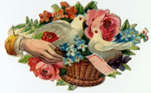 Images Dated 29th December 2015: Victorian Chromolithograph Scrap - Doves and flowers