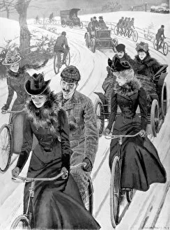 Victorian Cyclists and Motorists on a Snowy Road