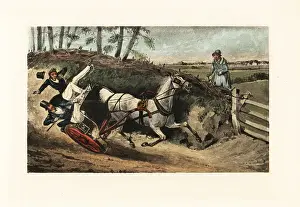 Thrown Prints: Victorian English gentlemen thrown from a one-horse gig on a cou