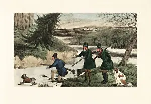 Spaniels Prints: Victorian gentlemen hunting ducks with guns and dogs on a frozen