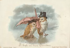 Anthropomorphic Gallery: Victorian Greeting Card - Owls with Umbrella