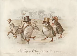 Anthropomorphic Gallery: Victorian Greeting Card - Penguins Skating