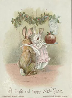 Anthropomorphic Gallery: Victorian Greeting Card - Rabbits with Plum Pudding