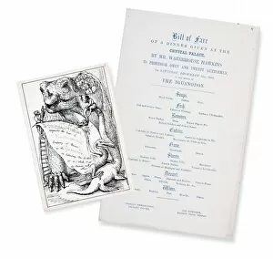 Iguanodon Collection: Victorian invitation and menu for dinner at Crystal Palace (