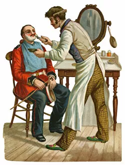 Images Dated 7th March 2019: Victorian scrap, Barber shaving a soldier