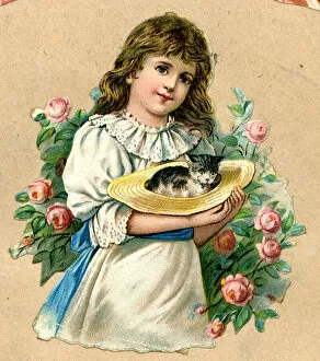 Victorian Scrap, Girl holding kitten in straw hat