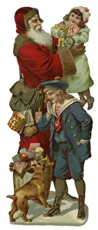 Victorian Scrap - Santa with children, dog and presents