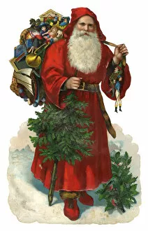 Images Dated 9th August 2017: Victorian scrap - Santa with tree and sack of presents