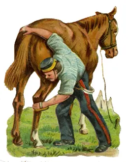 Victorian Scrap - Soldier Grooming Horse