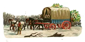 Victorian scrap, Wagon and Horses in Snow