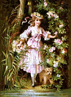 Victorian silk birthday card, Girl with dog and flowers