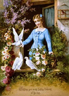 Caged Gallery: Victorian silk birthday card, Girl and Doves