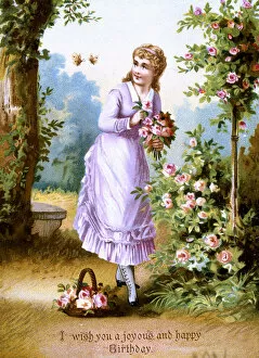 Images Dated 29th January 2019: Victorian silk birthday card, Girl picking Roses