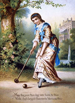Images Dated 29th January 2019: Victorian silk birthday card, Woman playing Croquet