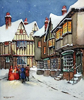 Victorian street scene with carol singers