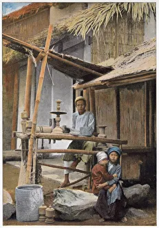Images Dated 6th April 2021: Vietnamese wood worker and his family outside their home. Date: 1890s