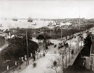 Bund Prints: View along the Bund, with ships in the harbour, Shanghai, Ch