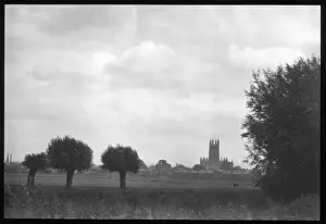 View across English fields to a cathedral