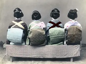 Geishas Prints: Back view of four geishas, showing their obi sashes, Japan, circa 1880s