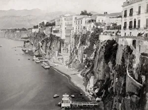 View of hotels along the cliffs at Sorrento, Italy