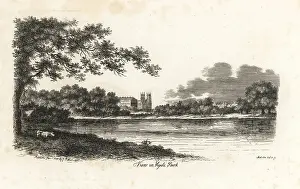 Antiquary Prints: View in Hyde Park, 1808, showing the Serpentine lake and Westmin